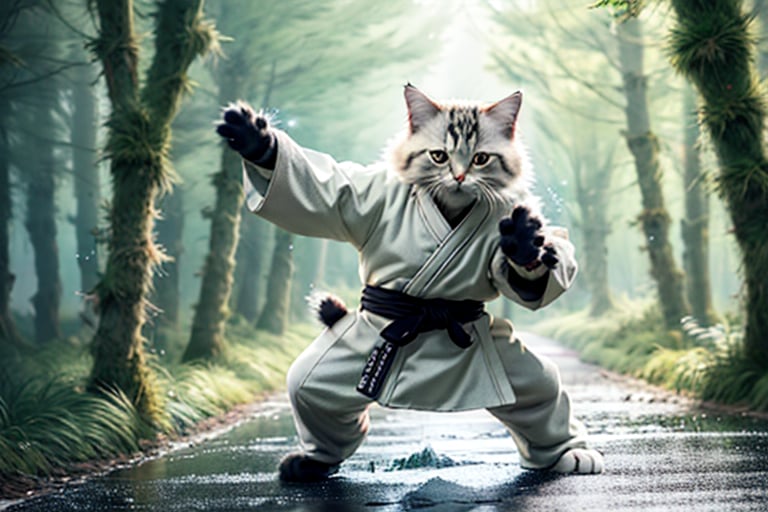 anthropomorphic cat, in kung fu pose, like bruce lee, athletic body, white fur, golden eyes, in the forest, rainy, with magical particles and butterflies
