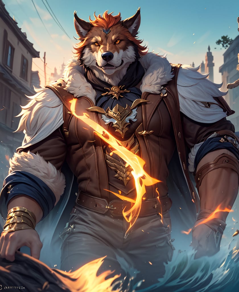 Nebur Belmont,Masterpiece, (Ultra Detailed), (Animal Anthropomorphism), pirate Theme, Wolf, Handsome, Trench Coat, on a plain by an oak tree, with a beautiful sunrise in the background, Highest Quality, Single Focus, (skimming: 1.1), Muscle Man, Full Body, Intricate (High Detail: 1.1) , 8k uhd, orange hair, y pintura facial azul,, , , ,, glowing power aura, dynamic pose, dynamic a close up of a man with a wolf on his chest, muscular werewolf, a minotaur wolf, berserker potrait, trendin on artstation, commission for high res, extremely detailed artgerm, anthro art, sylas, portrait of a gnoll, anthropomorphic wolf male, gnoll, furry fantasy art, full art view,SFBalrog,vane /(granblue fantasy/),sucrose \(genshin impact\)