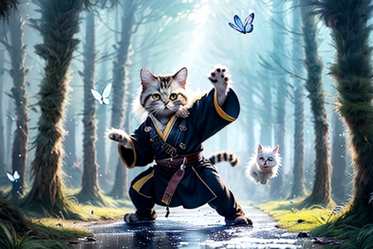 anthropomorphic cat, in kung fu pose, like bruce lee, athletic body, white fur, golden eyes, with pirate clothes like jack sparrow, in the forest, rainy, with magical particles and butterflies
