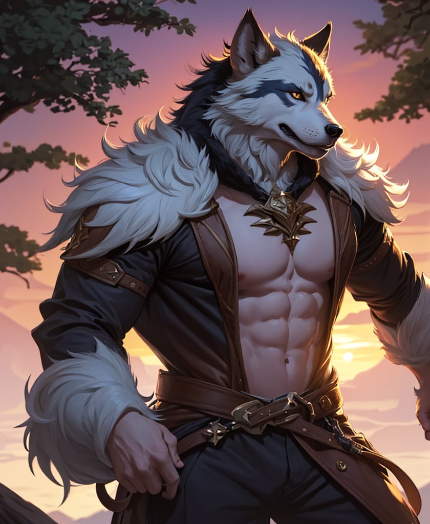 Nebur Belmont,Masterpiece, (Ultra Detailed), (Animal Anthropomorphism), pirate Theme, Wolf, Handsome, Trench Coat, on a plain by an oak tree, with a beautiful sunrise in the background, Highest Quality, Single Focus, (skimming: 1.1), Muscle Man, Full Body, Intricate (High Detail: 1.1) , 8k uhd, orange hair, y pintura facial azul,, , , ,, glowing power aura, dynamic pose, dynamic a close up of a man with a wolf on his chest, muscular werewolf, a minotaur wolf, berserker potrait, trendin on artstation, commission for high res, extremely detailed artgerm, anthro art, sylas, portrait of a gnoll, anthropomorphic wolf male, gnoll, furry fantasy art, full art view,SFBalrog,vane /(granblue fantasy/),sucrose \(genshin impact\)