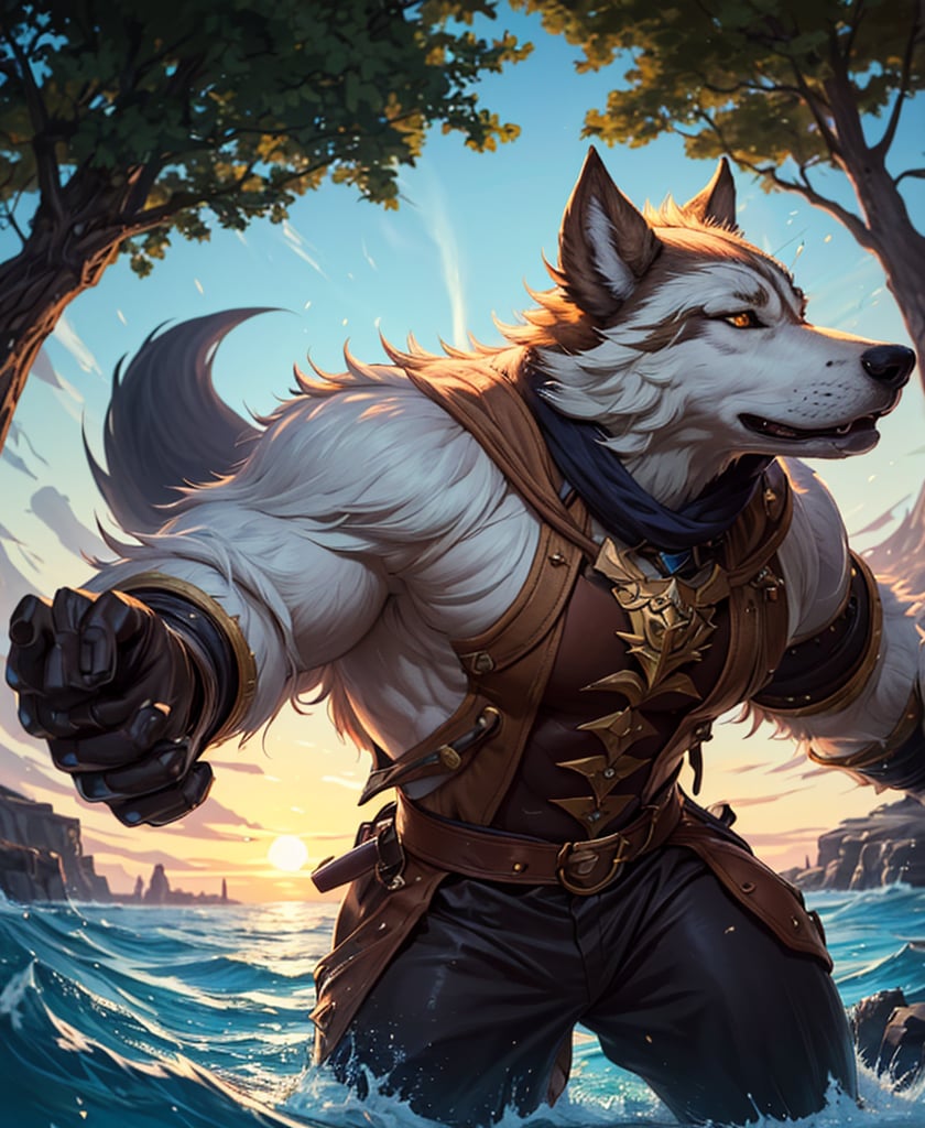 Nebur Belmont,Masterpiece, (Ultra Detailed), (Animal Anthropomorphism), pirate Theme, Wolf, Handsome, Trench Coat, on a plain by an oak tree, with a beautiful sunrise in the background, Highest Quality, Single Focus, (skimming: 1.1), Muscle Man, Full Body, Intricate (High Detail: 1.1) , 8k uhd, orange hair, y pintura facial azul,, , , ,, glowing power aura, dynamic pose, dynamic a close up of a man with a wolf on his chest, muscular werewolf, a minotaur wolf, berserker potrait, trendin on artstation, commission for high res, extremely detailed artgerm, anthro art, sylas, portrait of a gnoll, anthropomorphic wolf male, gnoll, furry fantasy art, full art view,SFBalrog,vane /(granblue fantasy/),sucrose \(genshin impact\)