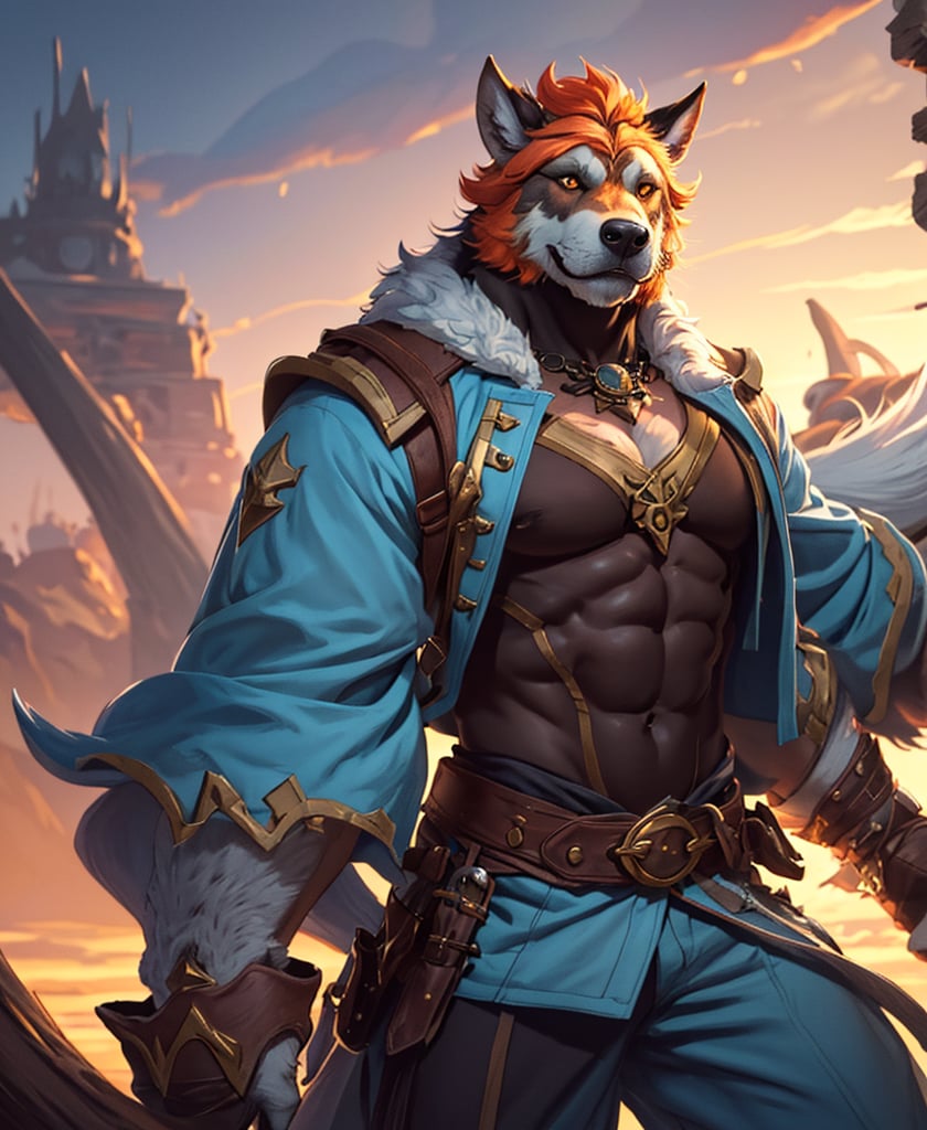 Nebur Belmont,Masterpiece, (Ultra Detailed), (Animal Anthropomorphism), pirate Theme, Wolf, Handsome, Trench Coat, on a plain by an oak tree, with a beautiful sunrise in the background, Highest Quality, Single Focus, (skimming: 1.1), Muscle Man, Full Body, Intricate (High Detail: 1.1) , 8k uhd, orange hair, y pintura facial azul,, , , ,, glowing power aura, dynamic pose, dynamic a close up of a man with a wolf on his chest, muscular werewolf, a minotaur wolf, berserker potrait, trendin on artstation, commission for high res, extremely detailed artgerm, anthro art, sylas, portrait of a gnoll, anthropomorphic wolf male, gnoll, furry fantasy art, full art view,SFBalrog,vane /(granblue fantasy/),sucrose \(genshin impact\)