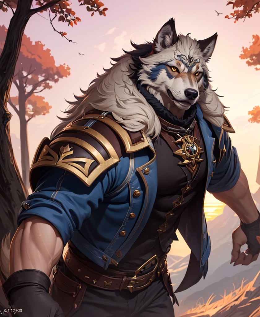 Nebur Belmont,Masterpiece, (Ultra Detailed), (Animal Anthropomorphism), pirate Theme, Wolf, Handsome, Trench Coat, on a plain by an oak tree, with a beautiful sunrise in the background, Highest Quality, Single Focus, (skimming: 1.1), Muscle Man, Full Body, Intricate (High Detail: 1.1) , 8k uhd, orange hair, y pintura facial azul,, , , ,, glowing power aura, dynamic pose, dynamic a close up of a man with a wolf on his chest, muscular werewolf, a minotaur wolf, berserker potrait, trendin on artstation, commission for high res, extremely detailed artgerm, anthro art, sylas, portrait of a gnoll, anthropomorphic wolf male, gnoll, furry fantasy art, full art view,SFBalrog,vane /(granblue fantasy/),sucrose \(genshin impact\)