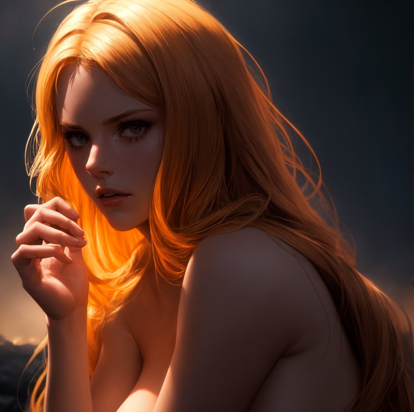 beautiful 30 years old nordic viking woman with long orange messy hair and light skin, mysterious, dark hazy background, cinematic lighting, highly detailed. Perfect composition, masterpiece, best quality, 4k, sharp focus, perfect anatomy, golden ratio