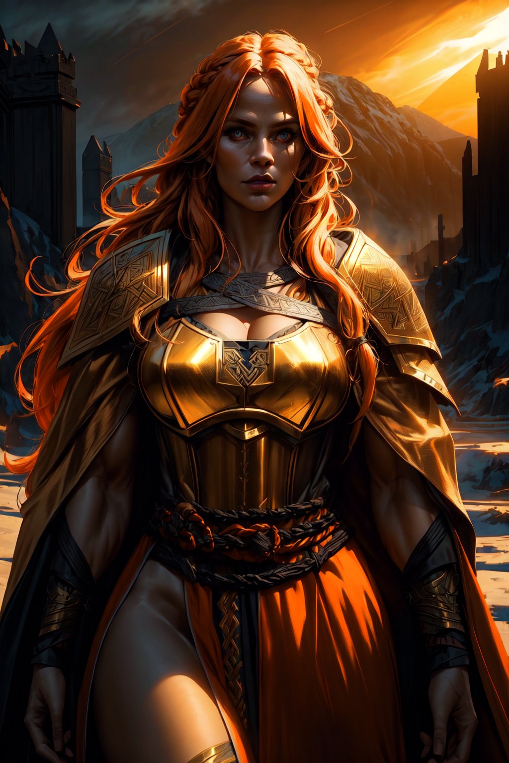 beautiful 30 years old nordic viking woman with long orange messy hair and light skin, mysterious,  dark hazy background, evening light, cinematic lighting, highly detailed. Perfect composition, masterpiece, best quality, 4k, sharp focus, perfect anatomy, golden ratio