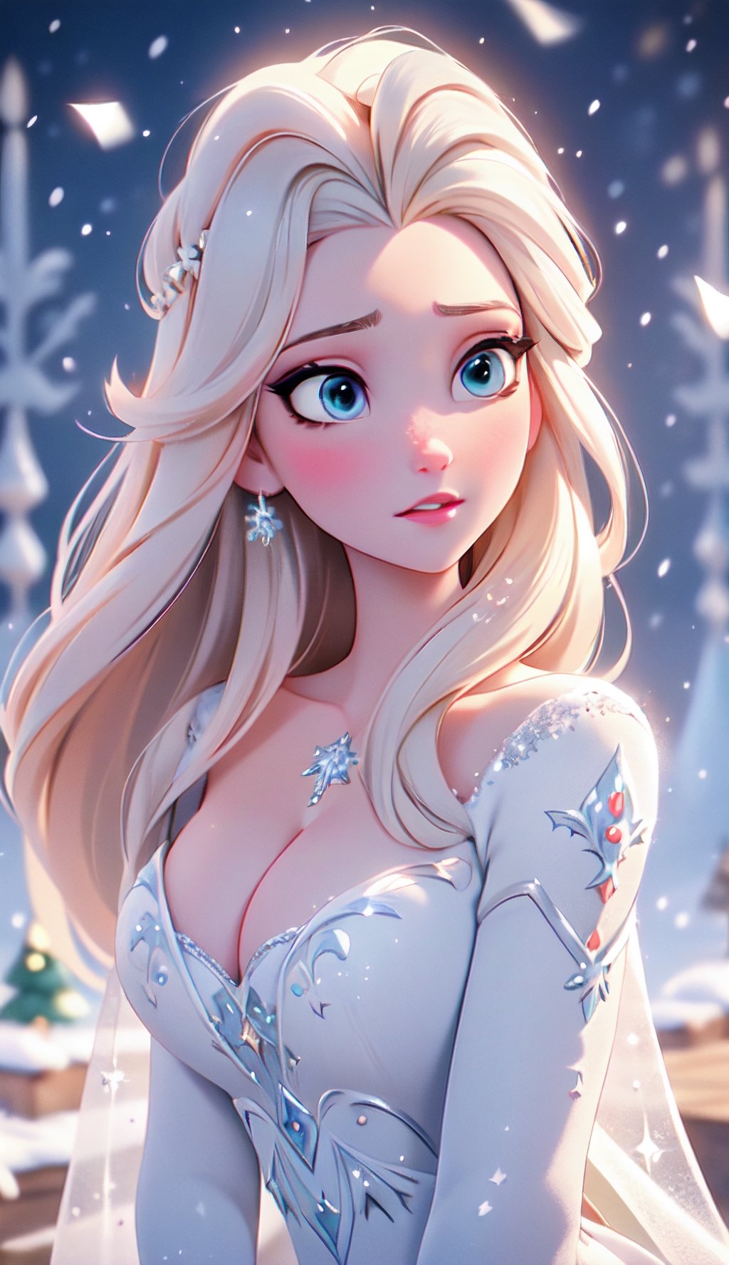 close up of face, Elsa from Frozen, (best quality, masterpiece, ultra detailed, highres, RAW image), perfect facial features, pale skin, blushing, blonde, long tousled hair, perfect eyes, perfect proportions, prestigeous, delicate, romantic, Elizabethan woman, winter christmas clothes, cleavage, romanticism, hirao style, snowy Christmas village in far background, snow field, pine trees, mountains, sunlight from above to give heavenly feeling, glitter, (falling snow), snowflakes, realistic.