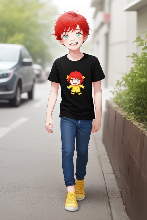 Cute little boy with red hair, black t-shirt, blue jeans, yellow sneakers smiling,frong_view,6 panels with continuous running,multiple pose 