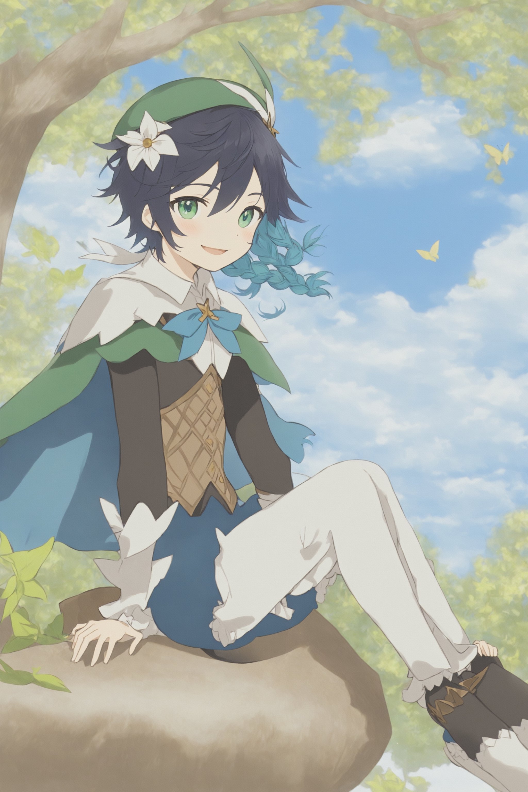 1boy, male focus, solo, hat, braid, green headwear, multicolored hair, gradient hair, butterfly, pantyhose, long sleeves, outdoors, bug, blue hair, black hair, leaf, bangs, bow, twin braids, cape, green eyes, frilled sleeves, shorts, beret, sitting, sky, day, green shorts, tree, smile, flower, shirt, cloud, white shirt, green cape, white flower, frills, short hair with long locks, white pantyhose, collared cape, corset, closed mouth, side braids, argyle, cloudy sky, jewelry, in tree, argyle legwear, collared shirt, vision \(genshin impact\), sidelocks, looking at viewer, sitting in tree, blue sky, androgynous, gem