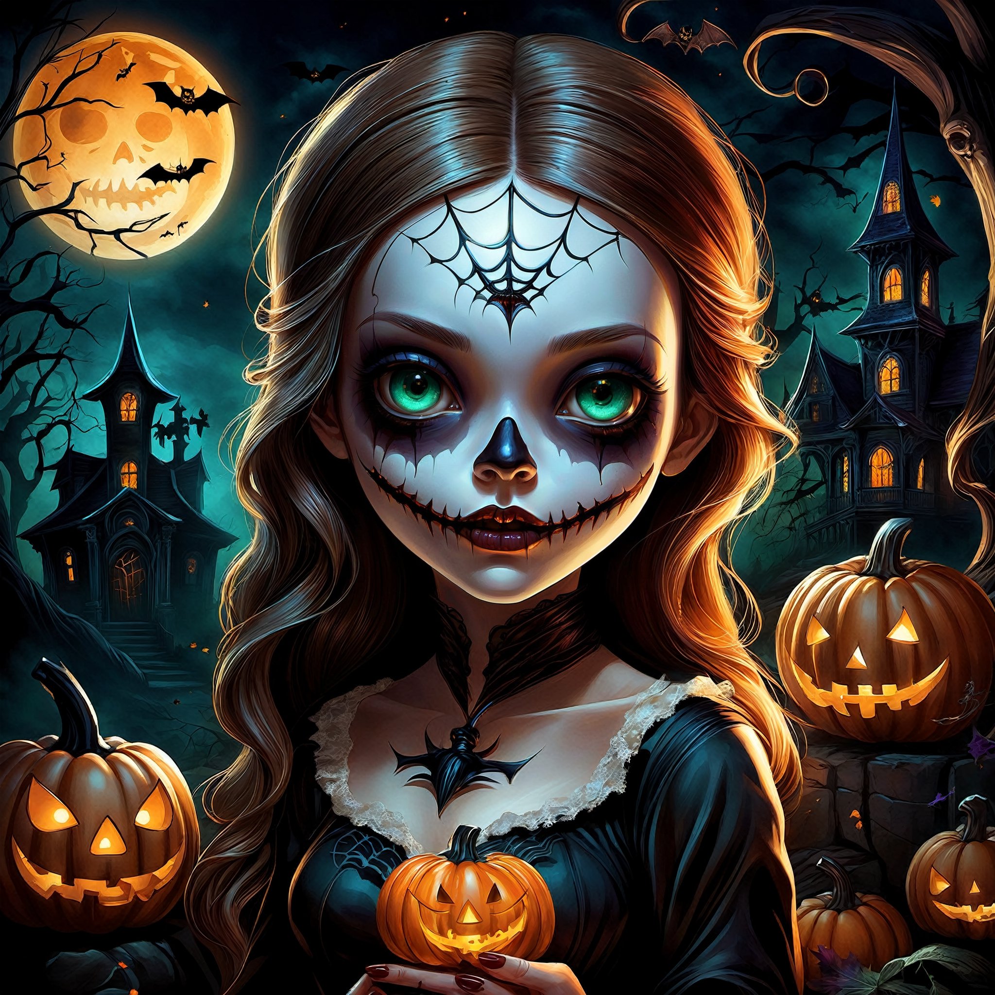 A beautiful female horror character with a Halloween theme, highly detailed, cinematic lighting, dark and eerie atmosphere, dramatic shadows, digital painting, inspired by the works of artists like Victoria Francés and Jasmine Becket-Griffith.