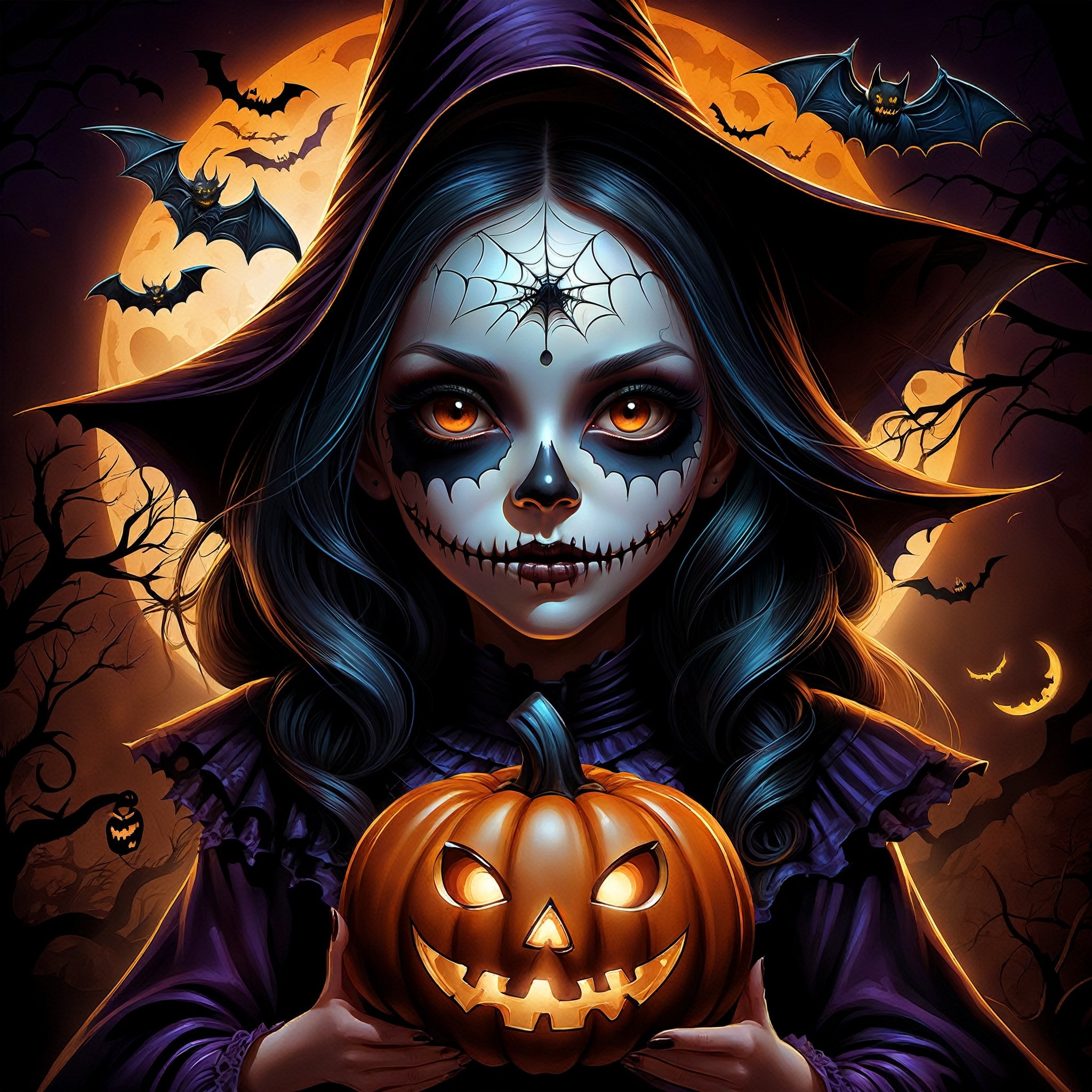 A beautiful female horror character with a Halloween theme, highly detailed, cinematic lighting, dark and eerie atmosphere, dramatic shadows, digital painting, inspired by the works of artists like Victoria Francés and Jasmine Becket-Griffith.