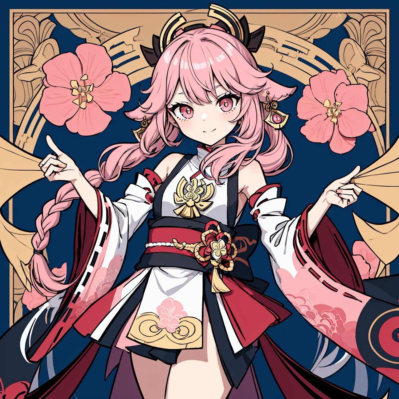 masterpiece, best quality, 1girl, flowers, flat color, lineart, abstract, ornate, ((gold and blue theme)), rond shape border, yae Genshin, (((pink hair))),yaemikodef,Yae miko