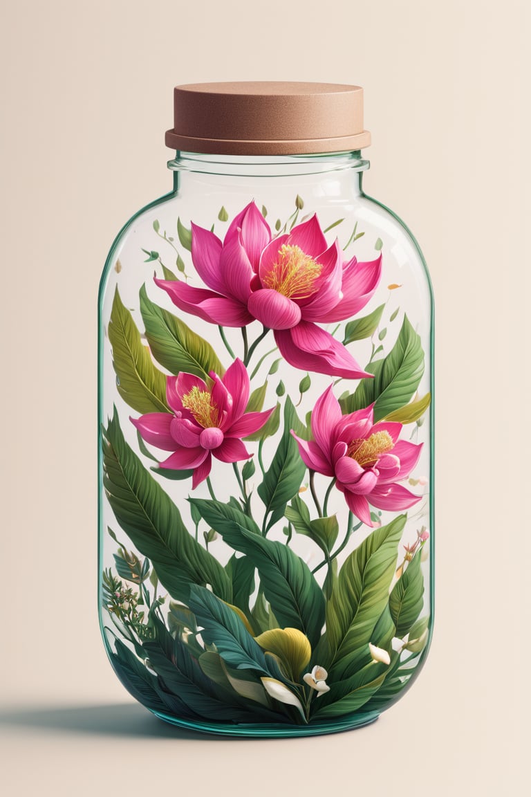 Paint a picture of the perfect balance between art and nature. Incorporate elements like flowers, leaves, animal, and other natural patterns to create a unique and intricate design, no shadow, Leonardo Style,oni style, line_art,3d style, synthwave background,,in a jar