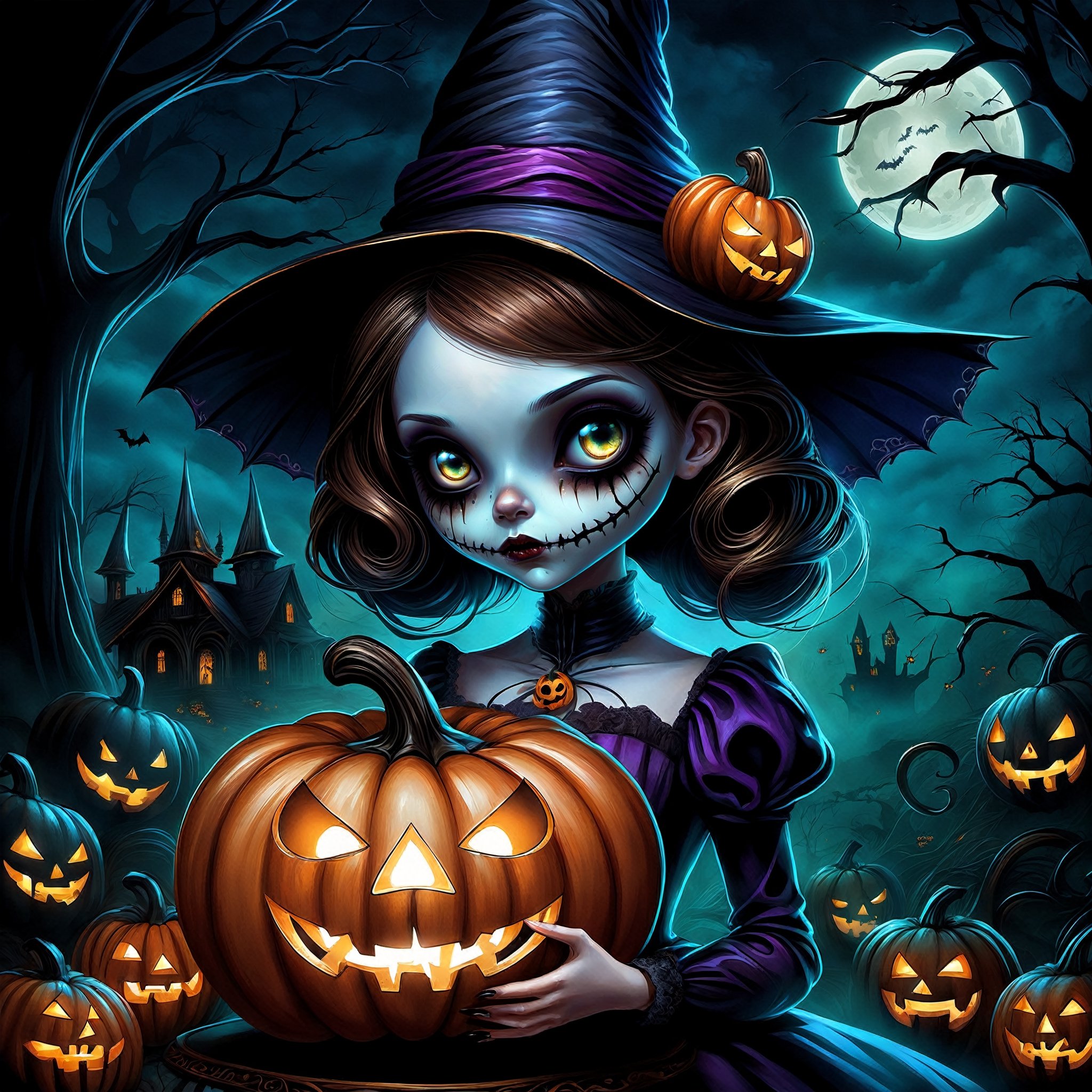 A beautiful female horror character with a Halloween theme, highly detailed, cinematic lighting, dark and eerie atmosphere, dramatic shadows, digital painting, inspired by the works of artists like Victoria Francés and Jasmine Becket-Griffith.