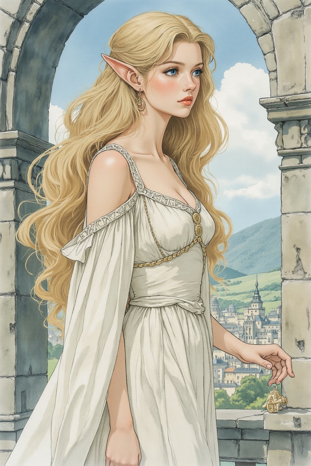  closeup. watercolor by Allan Lee. watercolor. Tolkien illustration. Queen of Gondolin.  beautiful female elf. pointy ears.  long blonde hair. blue eyes. pale white skin. long slender face. intricate white dress. elegant dress. modest dress. historically accurate dress. medieval era. long blonde hair. barefoot. white elven city. standing on the balcony.