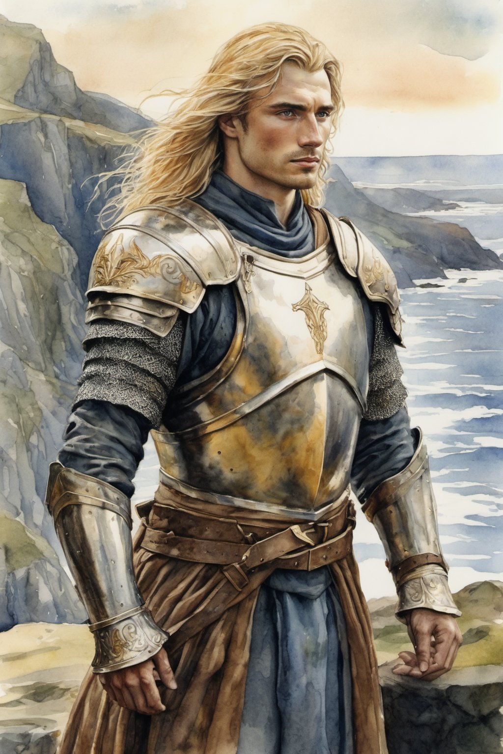  closeup. watercolor by Allan Lee. watercolor. Tolkien illustration. Tuor. medieval young man. classically handsome. human.  masculine. long golden hair. beautiful silver armour. looking at the camera. standing on a cliff with the sea in the back. very masculine. 