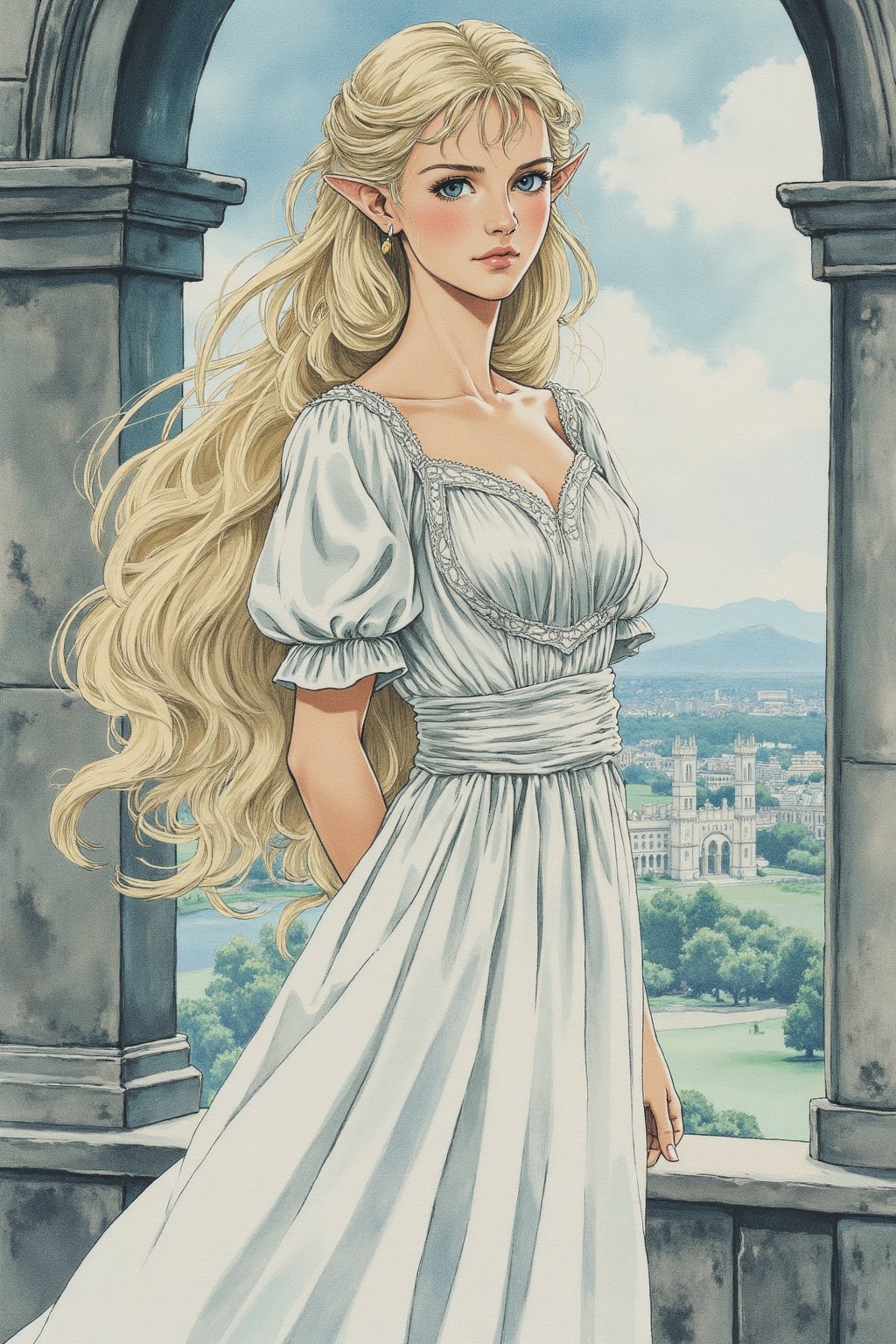  closeup. watercolor by Allan Lee. watercolor. Tolkien illustration. Queen of Gondolin.  beautiful female elf. pointy ears.  long blonde hair. blue eyes. pale white skin. long slender face. intricate white dress. elegant dress. modest dress. historically accurate dress. medieval era. long blonde hair. barefoot. white elven city. standing on the balcony.