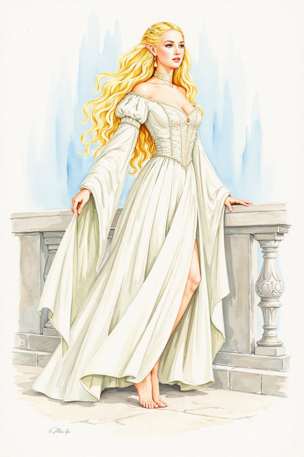  closeup. watercolor by Allan Lee. watercolor. Tolkien illustration. Queen of Gondolin.  beautiful female elf. pointy ears.  long blonde hair. blue eyes. pale white skin. long slender face. intricate white dress. elegant dress. modest dress. historically accurate dress. medieval era. long blonde hair. barefoot. white elven city. standing on the balcony.