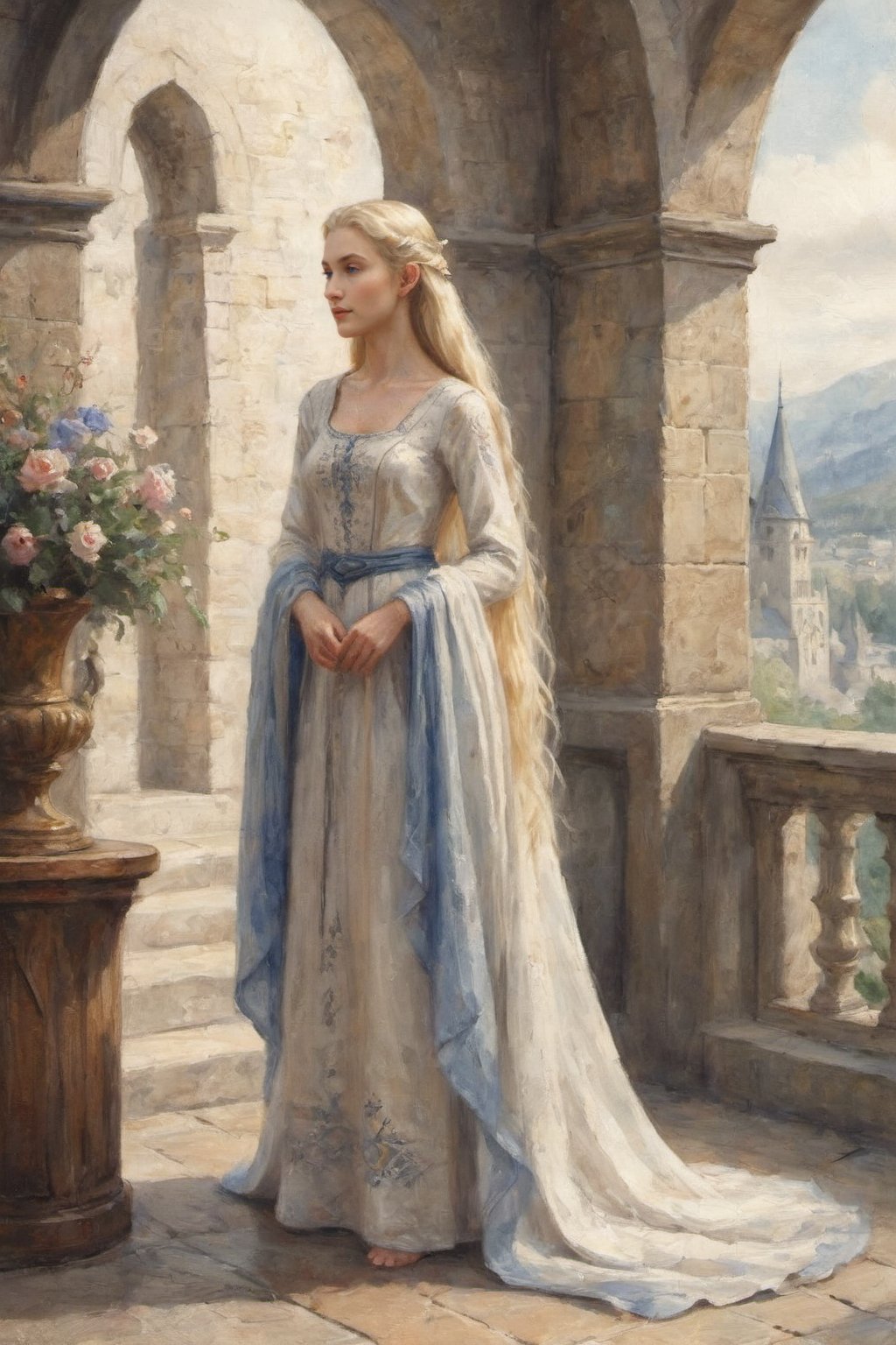  closeup. watercolor by Allan Lee. watercolor. Tolkien illustration. Queen of Gondolin.  beautiful female elf. pointy ears,  long blonde hair. blue eyes. pale white skin. long slender face. intricate white dress. elegant dress. modest dress. historically accurate dress. medieval era. long blonde hair. barefoot. white elven city. standing on the balcony.,Feet,Foot,perfect,perfection,oil painting