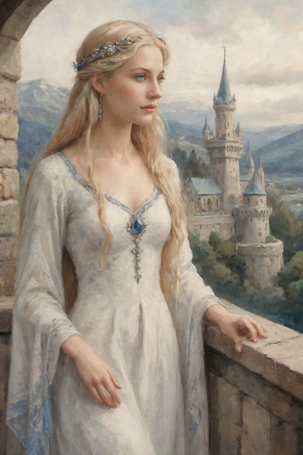  closeup. watercolor by Allan Lee. watercolor. Tolkien illustration. Queen of Gondolin.  beautiful female elf. long blonde hair. blue eyes. pale white skin. long slender face. intricate white dress. elegant dress. modest dress. historically accurate dress. medieval era. long blonde hair. barefoot. white elven city. standing on the balcony.,Feet,Foot,perfect,perfection,oil painting