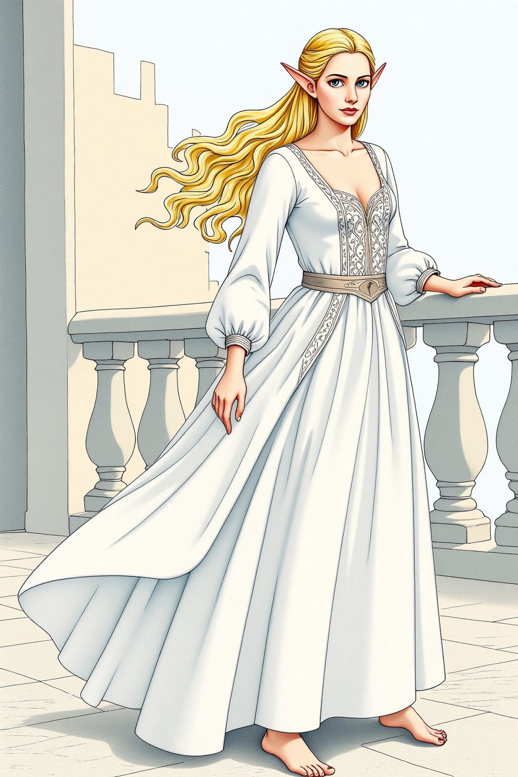  closeup. watercolor by Allan Lee. watercolor. Tolkien illustration. Queen of Gondolin.  beautiful female elf. pointy ears.  long blonde hair. blue eyes. pale white skin. long slender face. intricate white dress. elegant dress. modest dress. historically accurate dress. medieval era. long blonde hair. barefoot. white elven city. standing on the balcony.