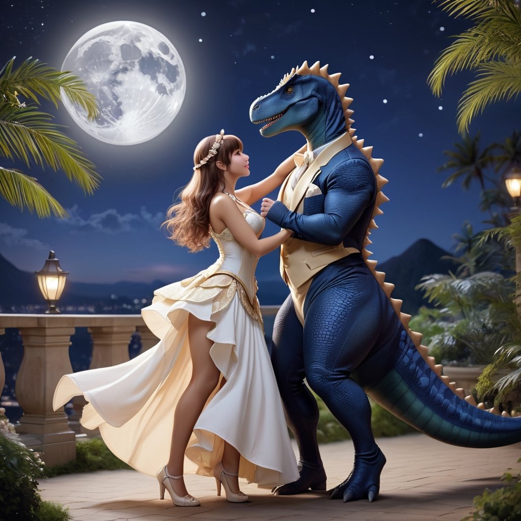 a human male and ((female dino_girl,voloptuous)), romantic pose, complex_background, high_resolution, couple_(romantic), midnight, full moon, fully_dressed, Romantic era outfit,