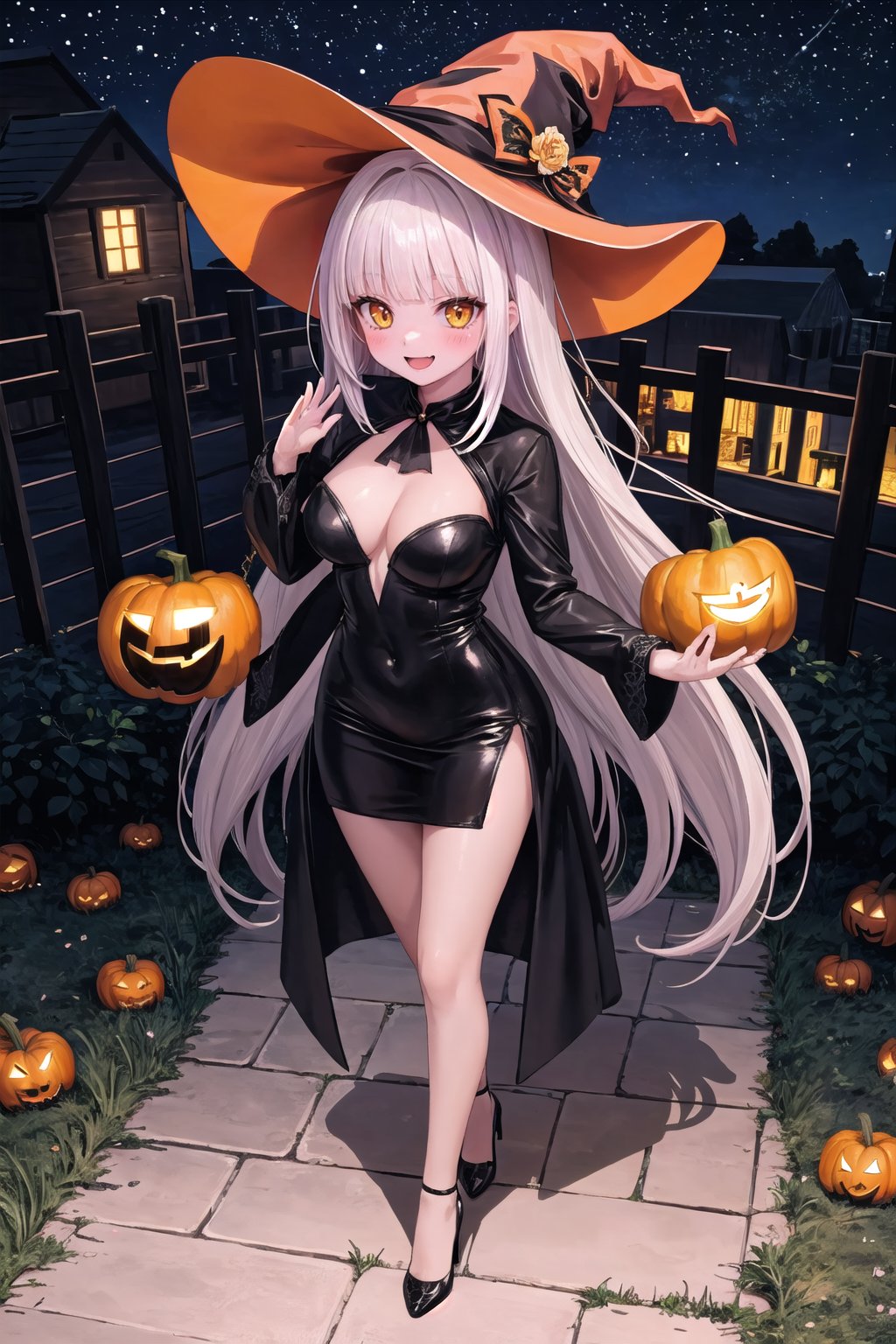 masterpiece, best quality, 1girl, solo,  blanc, fake animal ears, skinny, mature_female, blush, smile, hand up, highheels, waving, very long hair, bloom, bright lights, glowing, lens flare, full body, long legs, standing,(masterpiece), hall0ween, 1girl, standing, pumpkin patch, witch costume, arms outstretched, black-orange pumpkin latex dress, top view, glowing jack-o’-lanterns, mischievous smile, witch hat, moonlit sky, flying bats, halloween magic, starry night.