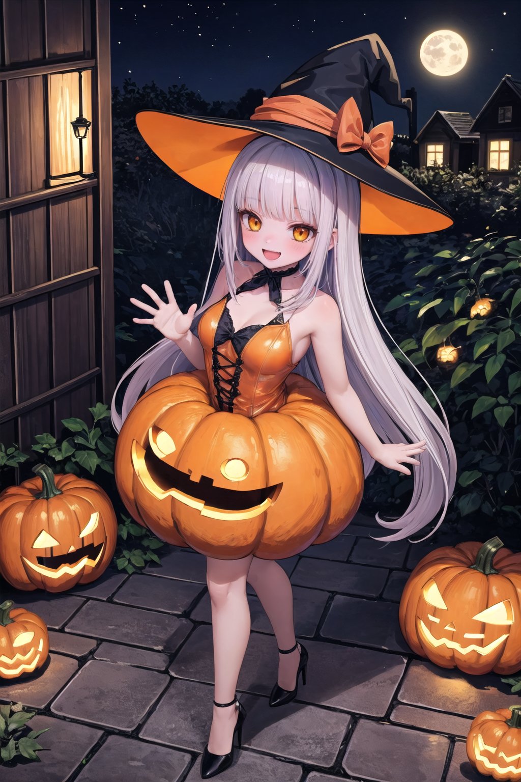 masterpiece, best quality, 1girl, solo,  blanc, fake animal ears, skinny, mature_female, blush, smile, hand up, highheels, waving, very long hair, bloom, bright lights, glowing, lens flare, full body, long legs, standing,(masterpiece), hall0ween, 1girl, standing, pumpkin patch, witch costume, arms outstretched, (orange pumpkin latex dress), top view, glowing jack-o’-lanterns, mischievous smile, witch hat, moonlit sky, flying bats, halloween magic, starry night.