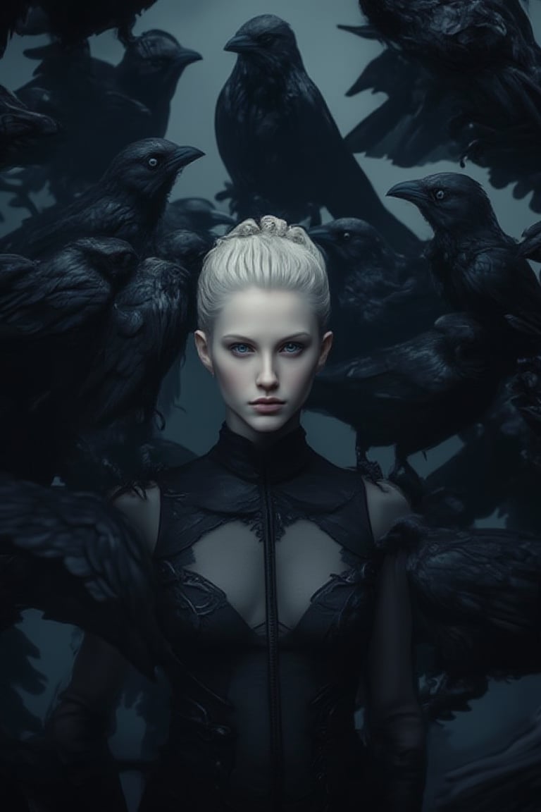 A sexy 22 year old model with pale skin and short platinum blonde hair stares directly at the viewer from the center of a swirling mass of dark blue eyed birds, likely crows or ravens. The atmosphere is moody and surreal, with a limited color palette dominated by blacks and deep grays, creating a sense of enclosure and mystery. The figure wears a tight, dark, sexy outfit that blends into the surroundings, highlighting the contrast between their fair skin and the dark feathers surrounding them.