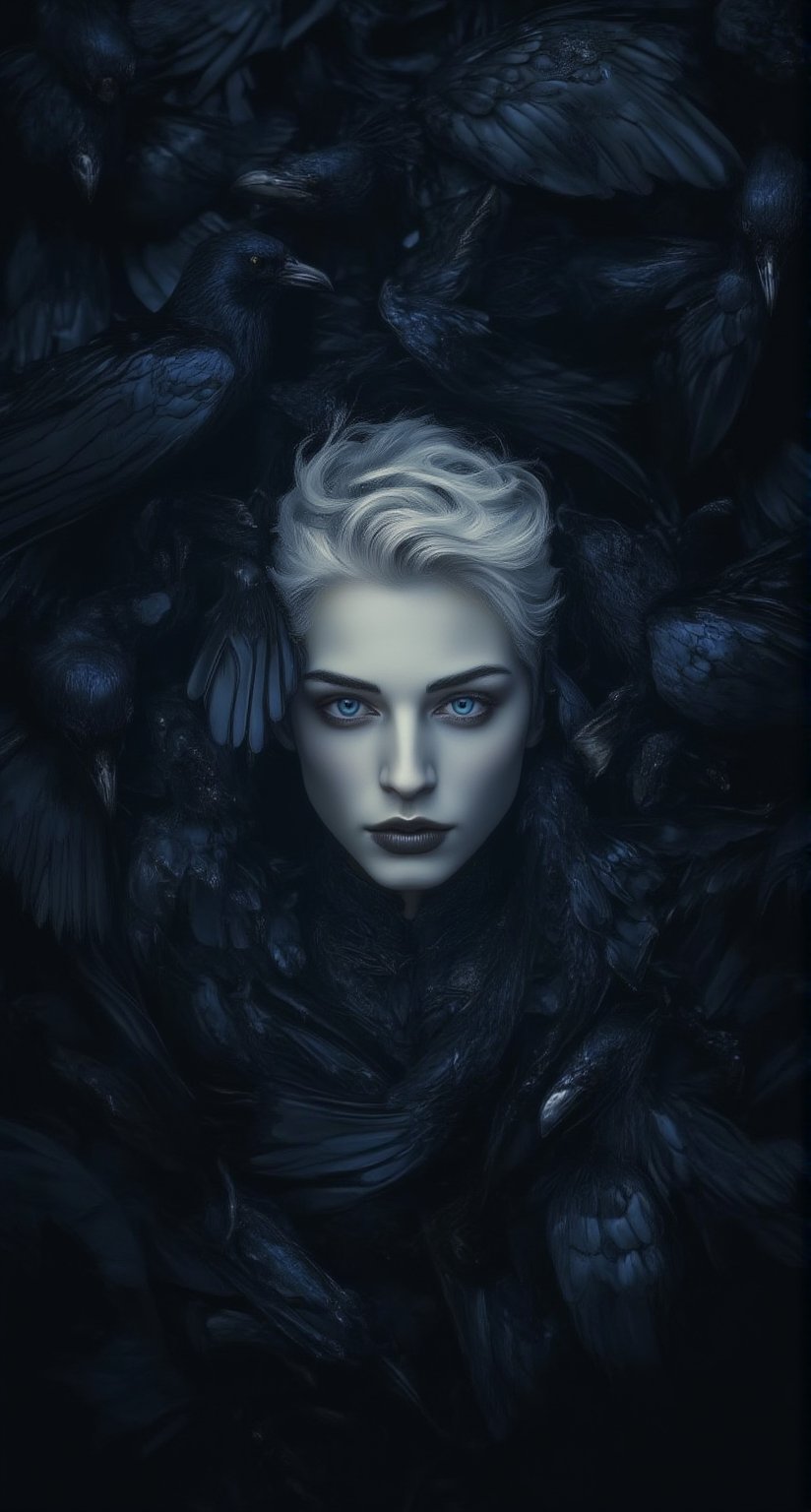 A pale-skinned figure with short, platinum blonde hair gazes directly at the viewer from the center of a swirling mass of dark birds, blue colored eyes, likely crows or ravens. The atmosphere is moody and surreal, with a limited color palette dominated by blacks and deep grays, creating a sense of confinement and mystery. The figure wears a form-fitting, dark outfit that blends into the surroundings, emphasizing the contrast between their fair skin and the dark feathers surrounding them.