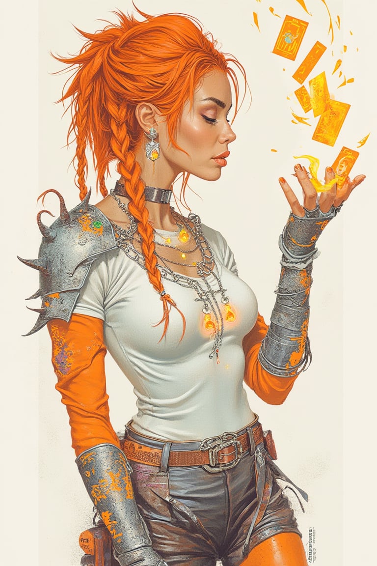 A striking minimalist illustration of a woman with vibrant orange hair gathered in braids, wearing a fitted white t-shirt with slightly wet, clinging orange patches on the sleeves. She dons light, agile armor of leather and neon-lit plates, shimmering with graffiti designs. A chain with glowing charms adorns her neck, and she holds a holographic tarot deck. The woman flips the cards into the air, their neon trails leaving traces of fate in the wind, set against a minimalist background. By Sasan.