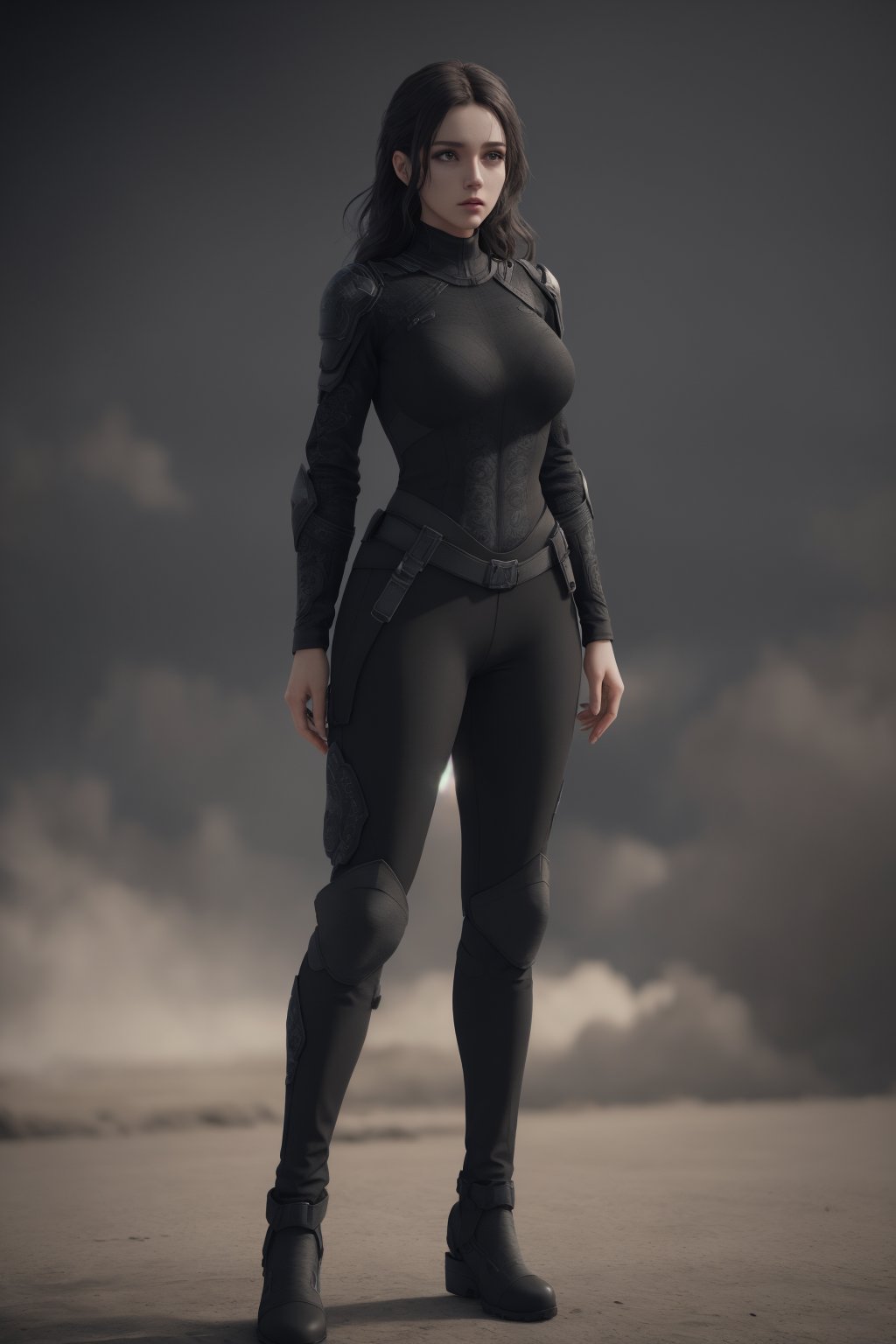 beautiful woman, beautiful hair, standing, full black fabric texture armor, (black long textured fabric pants), blurry sky background, intricate, UltraHD, 8k, octane render,