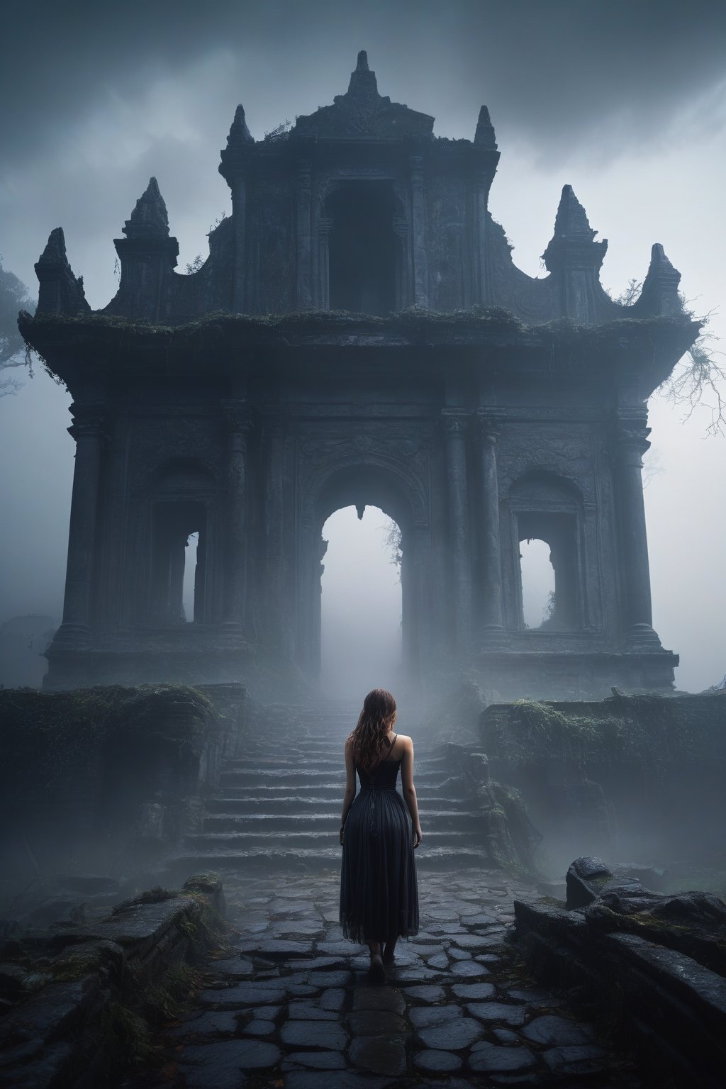 masterpiece, fantasy magical, woman , fantastical, intricate, epic dark theme, fog, ancient ruined building, ultra hd, intricate, 