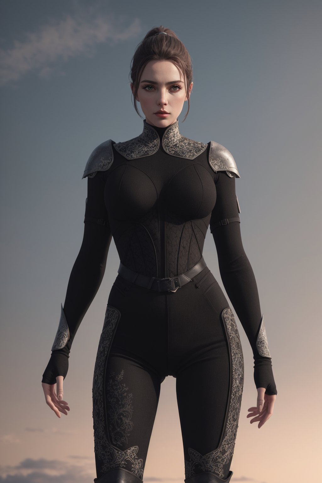 beautiful woman, perfect face, dark brown ponytail hair, standing, full black fabric texture armor, black long textured fabric breeches, blurry sky background, intricate, UltraHD, 8k, octane render, ulta realistic