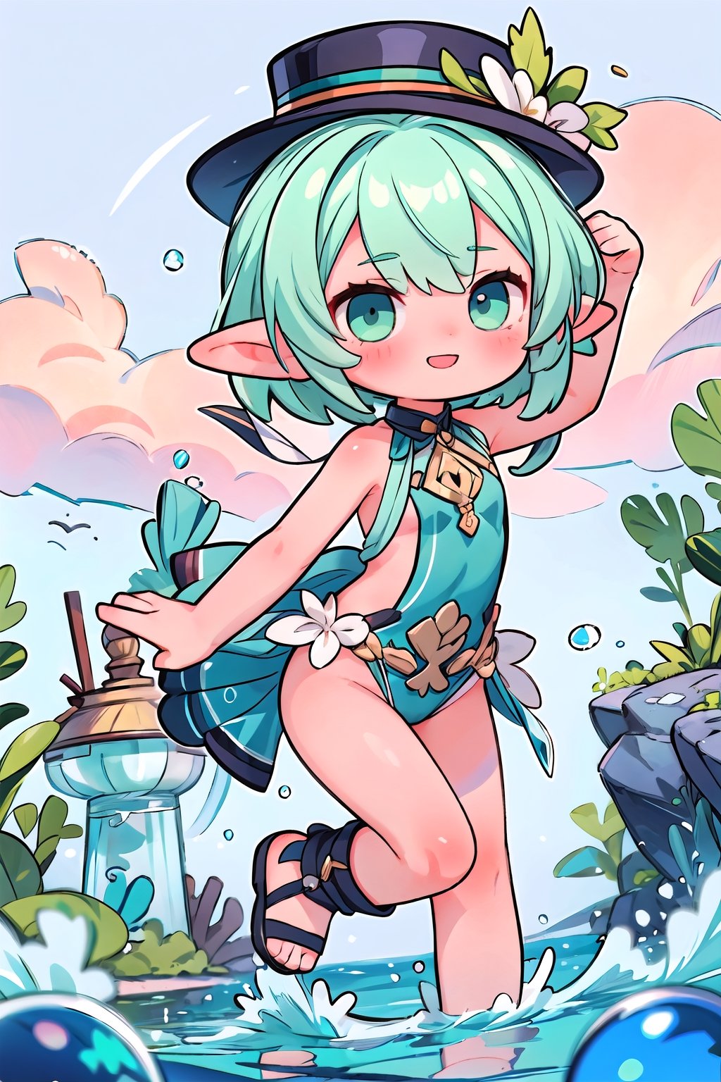 (masterpiece), best quality, high resolution, highly detailed, simple background, perfect lighting, look at viewer, dynamic pose, female focus, beautry; short_green_hair; Elf_girl; smile; black_top_hat; pervert_face; shy; ocean; naked; cute; loli; close-up;