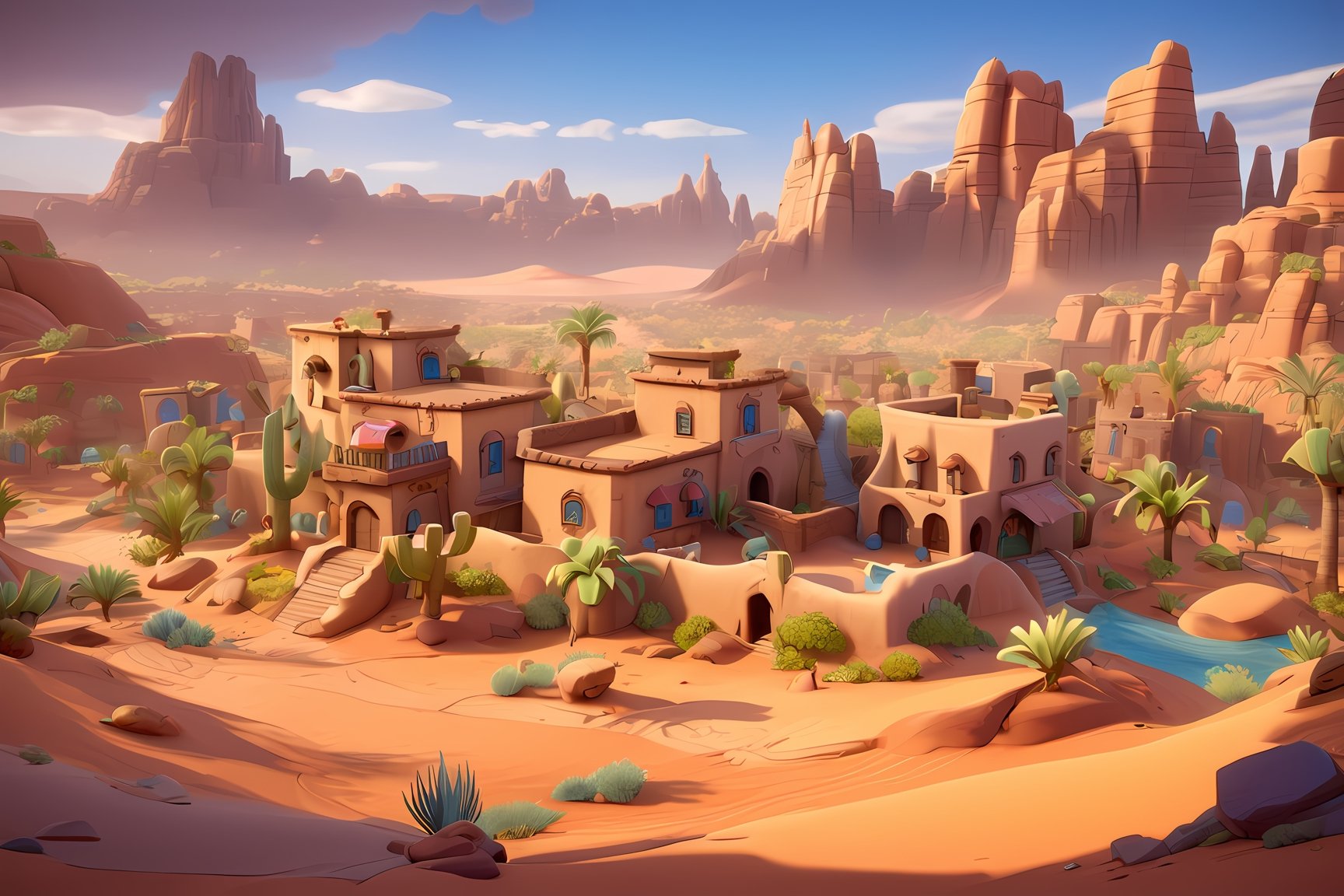 best quality, masterpiece, highres, Disney style, cartoon style, sfw, Game Scene Mood Map, Unreal Engine, Toon Rendering,  ink scenery, desert city ,greg rutkowski,chibi