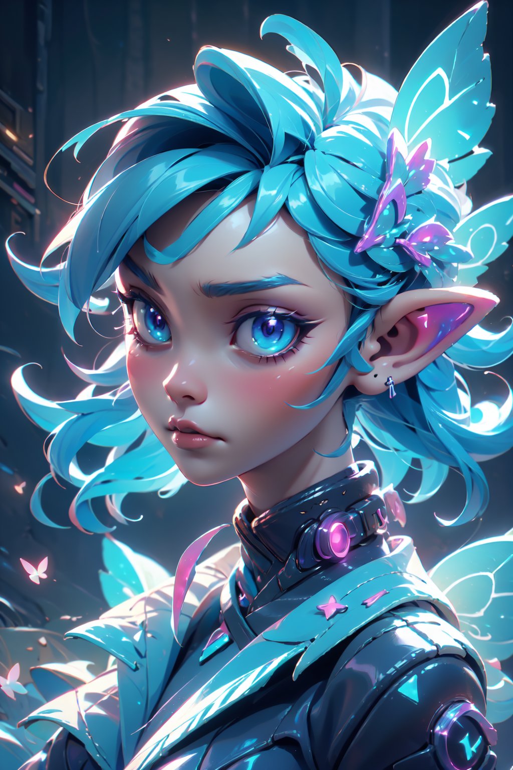 fairy, butterfly_wings,gem,vibrant colors, (((cyberpunk style))), looking_at_viewer , facing front, sad, night, soft lighting, Detailedface, (portrait:1.2), GlowingRunes_blue,3DMM