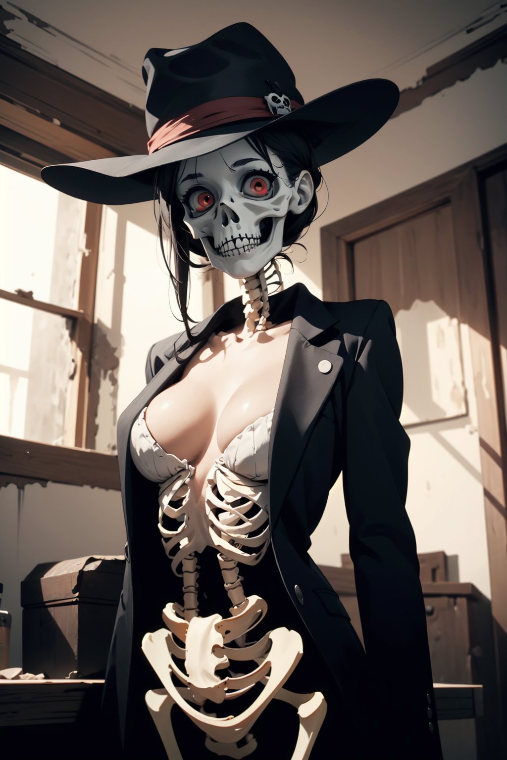 Masterpiece, 1girl, spooky skeleton stands in an abandoned house, wearing a black suit and a hat. He has no flesh and red eyes, looking at the viewer with humor, cleavage 