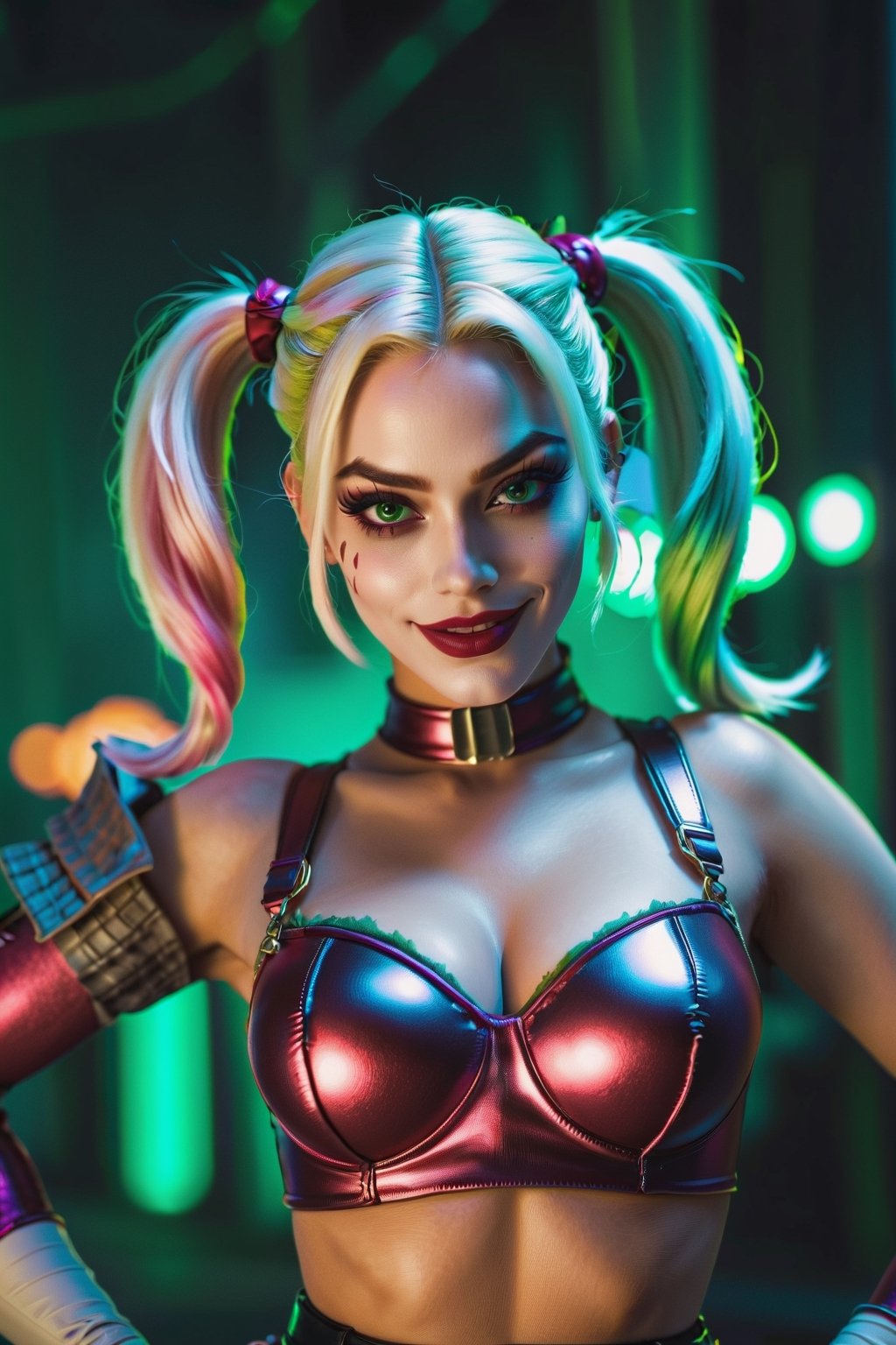 The Dark Harley Quinn with pink Evil Light eyes and lighting green thunder Dc , scary, Classic Academia, Flexography, ultra wide-angle, Game engine rendering, Grainy, Collage, analogous colors, Meatcore, infrared lighting, Super detailed, photorealistic, food photography, Cycles render, 4k, dance joke prank laugh,Leonardo style ,cinematic  moviemaker style