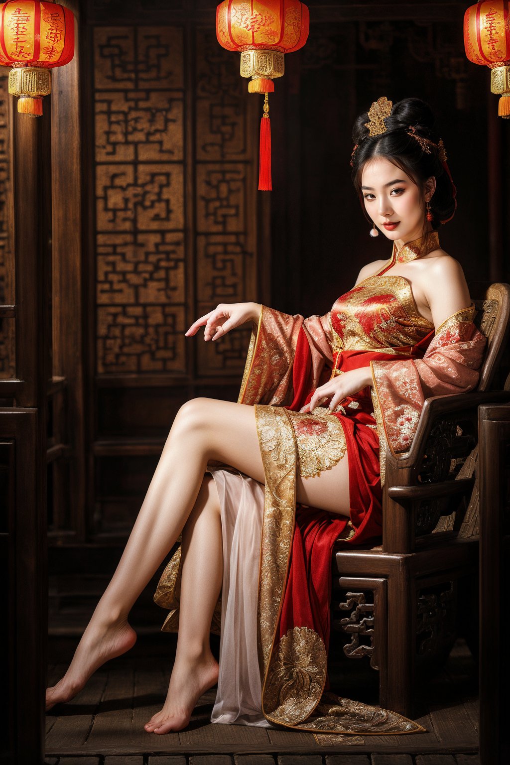 (fantasy art), 1 oriental girl,  ((full body, )) beautiful, perfect face, sweet face, A Chinese Queen sitting in a throne crossing legs, dark eyes, fantastic clothes, dressed in a intricate detailed traditional Chinese dress, background with oriental landscape, fantastic hairstyle,  fantasy, (masterpiece, photorealistic, absurd), dappled sunlight