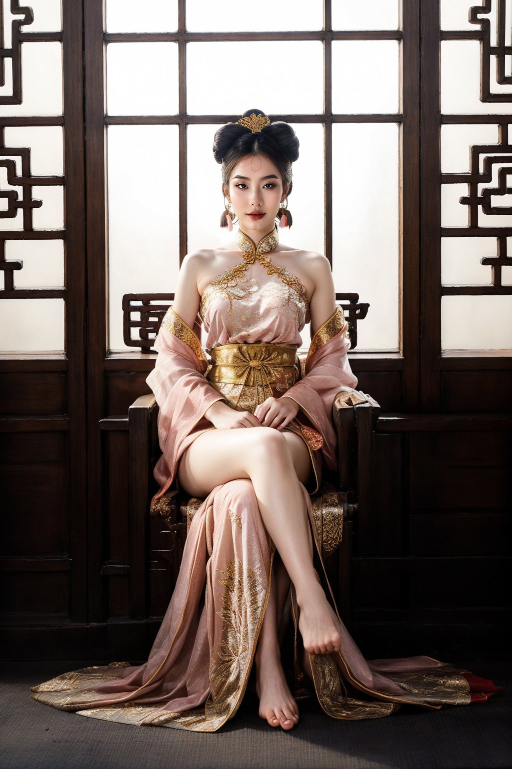 (fantasy art), 1 oriental girl,  ((full body, )) beautiful, perfect face, sweet face, A Chinese Queen sitting in a throne crossing legs, dark eyes, fantastic clothes, dressed in a intricate detailed traditional Chinese dress, background with oriental landscape, fantastic hairstyle,  fantasy, (masterpiece, photorealistic, absurd), dappled sunlight