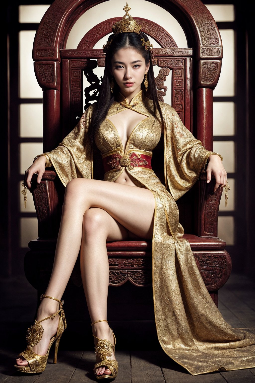 (fantasy art), 1 oriental girl,  ((full body, )) beautiful, perfect face, sweet face, A Chinese Queen sitting in a throne wearing high heels crossing legs, dark eyes, fantastic clothes, dressed in a intricate detailed traditional Chinese dress, background with oriental landscape, fantastic hairstyle,  fantasy, (masterpiece, photorealistic, absurd), dappled sunlight