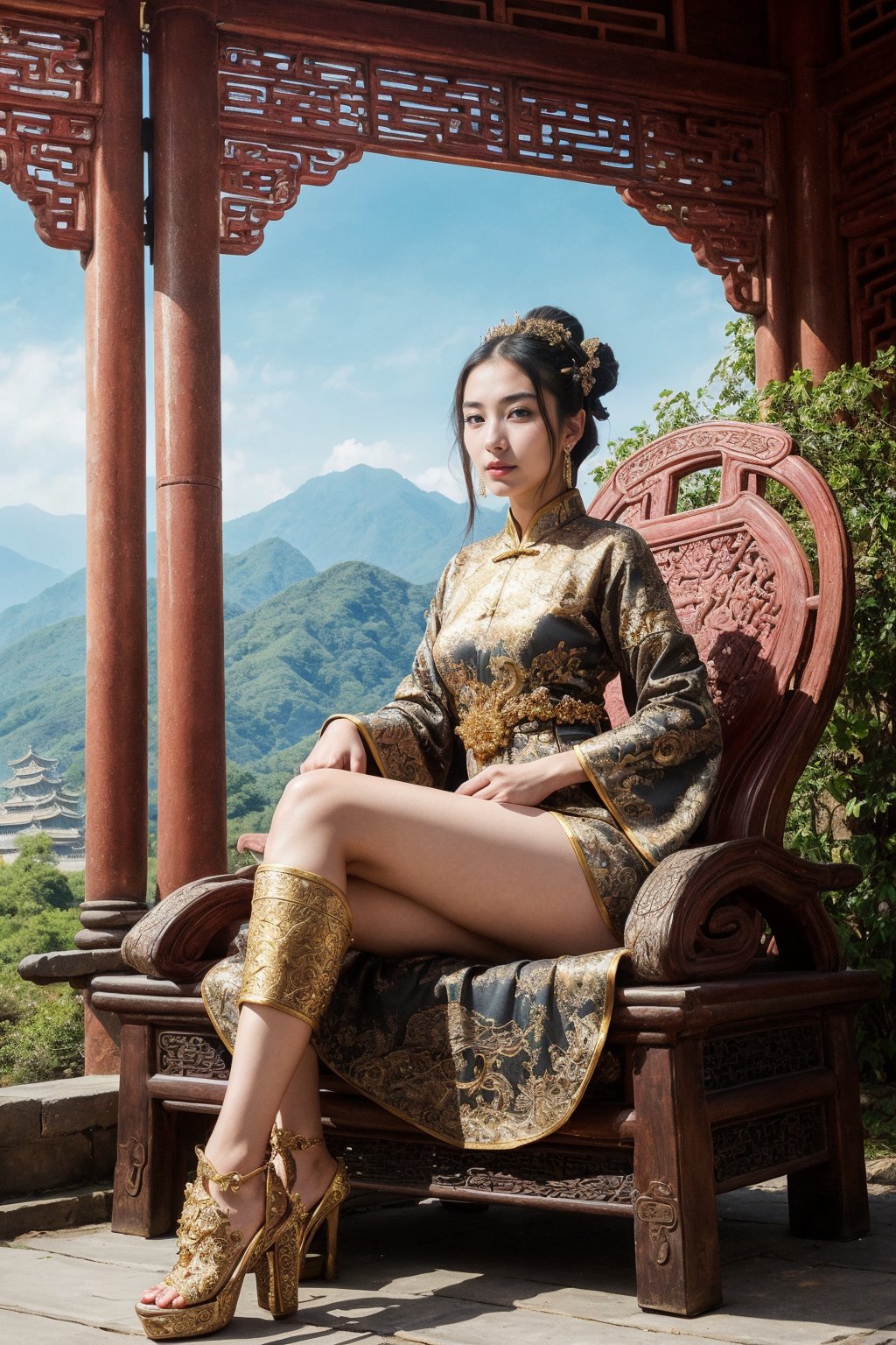 (fantasy art), 1 oriental girl,  ((full body, )) beautiful, perfect face, sweet face, A Chinese Queen sitting in a throne wearing high heels crossing legs, dark eyes, fantastic clothes, dressed in a intricate detailed traditional Chinese dress, background with oriental landscape, fantastic hairstyle,  fantasy, (masterpiece, photorealistic, absurd), dappled sunlight