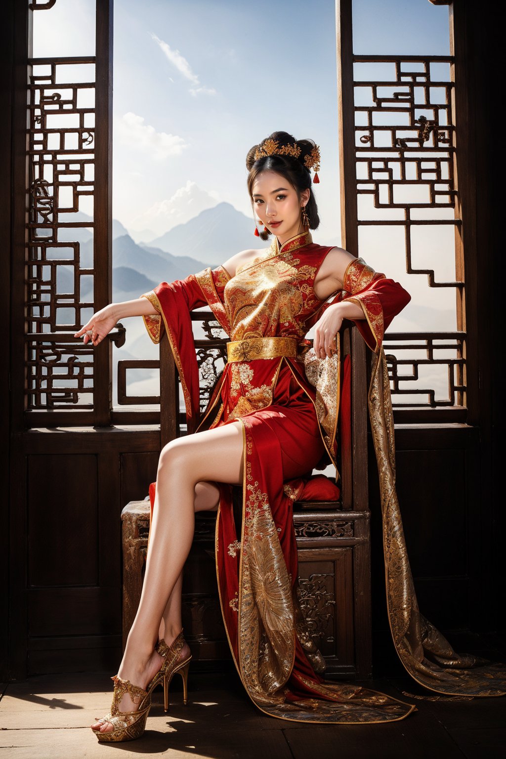 (fantasy art), 1 oriental girl,  ((full body, )) beautiful, perfect face, sweet face, A Chinese Queen sitting in a throne wearing high heels crossing legs, dark eyes, fantastic clothes, dressed in a intricate detailed traditional Chinese dress, background with oriental landscape, fantastic hairstyle,  fantasy, (masterpiece, photorealistic, absurd), dappled sunlight