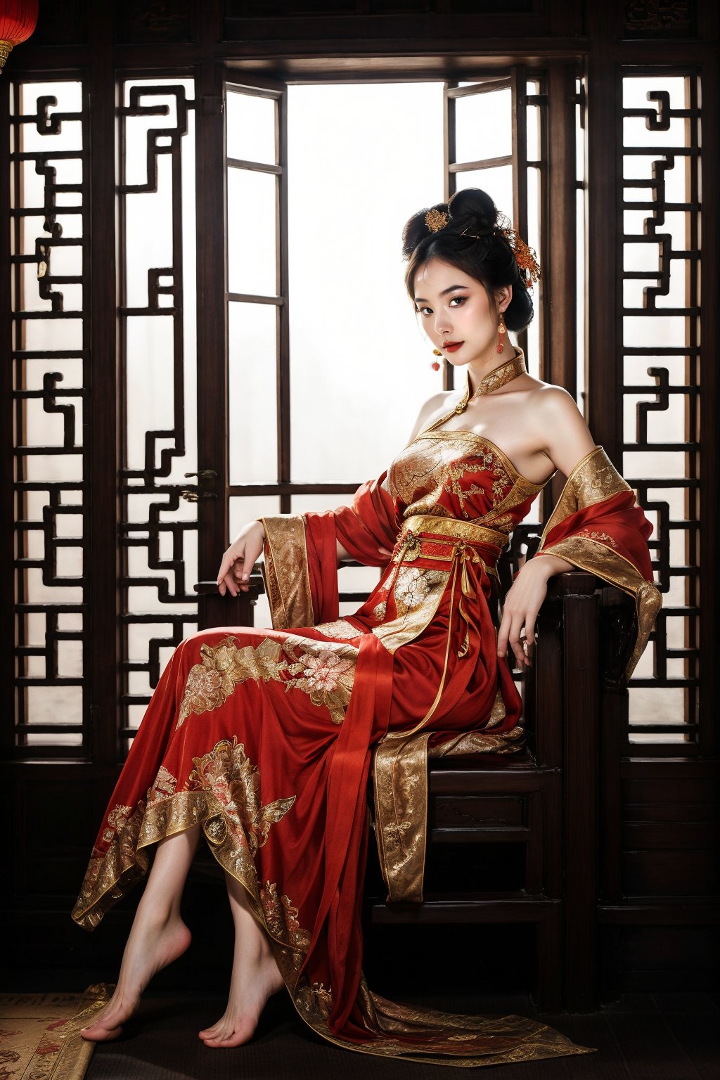 (fantasy art), 1 oriental girl,  ((full body, )) beautiful, perfect face, sweet face, A Chinese Queen sitting in a throne crossing legs, dark eyes, fantastic clothes, dressed in a intricate detailed traditional Chinese dress, background with oriental landscape, fantastic hairstyle,  fantasy, (masterpiece, photorealistic, absurd), dappled sunlight