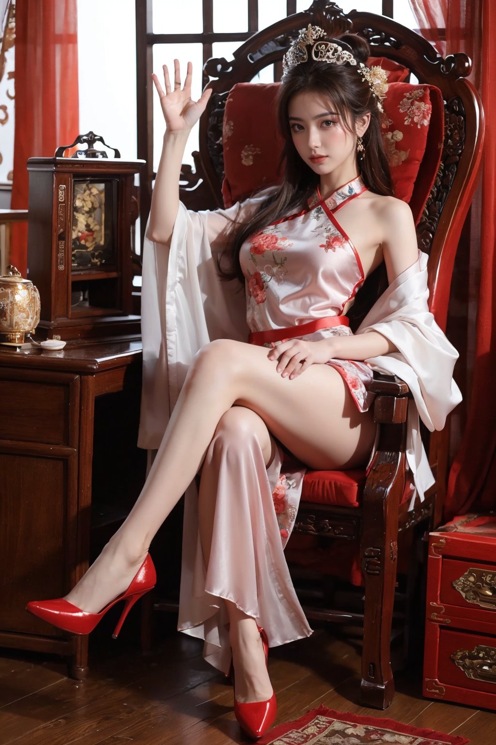   (masterpiece, best quality:1.2),1girl, A Chinese Queen sitting in a throne wearing high heels crossing legs.