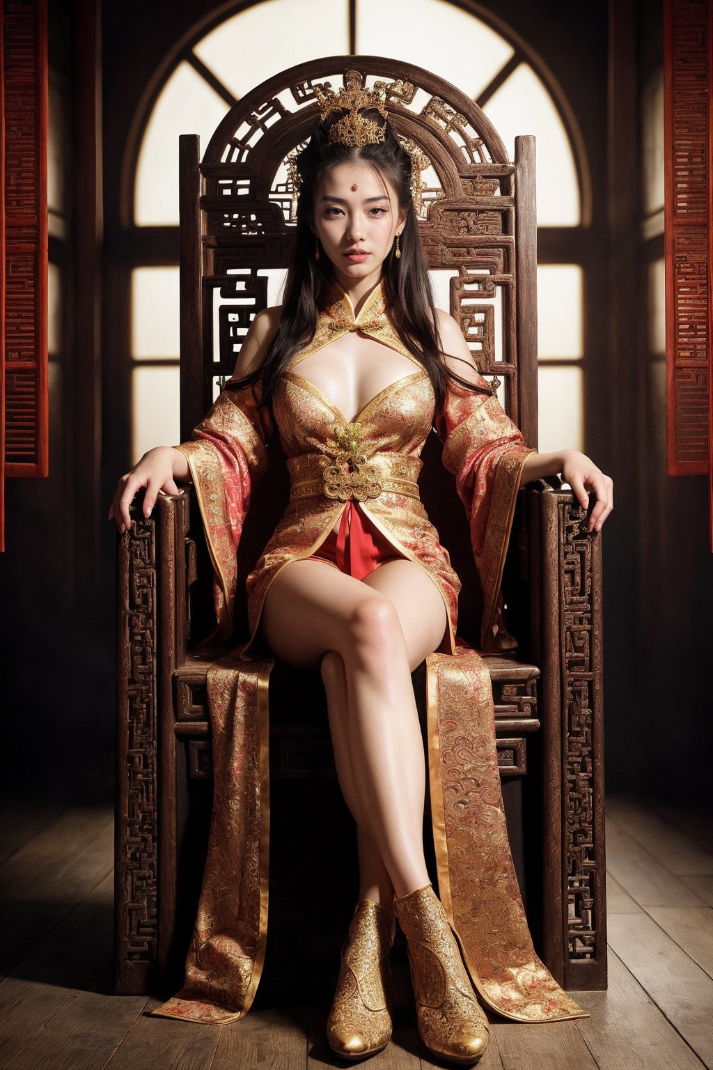 (fantasy art), 1 oriental girl,  ((full body, )) beautiful, perfect face, sweet face, A Chinese Queen sitting in a throne wearing high heels crossing legs, dark eyes, fantastic clothes, dressed in a intricate detailed traditional Chinese dress, background with oriental landscape, fantastic hairstyle,  fantasy, (masterpiece, photorealistic, absurd), dappled sunlight