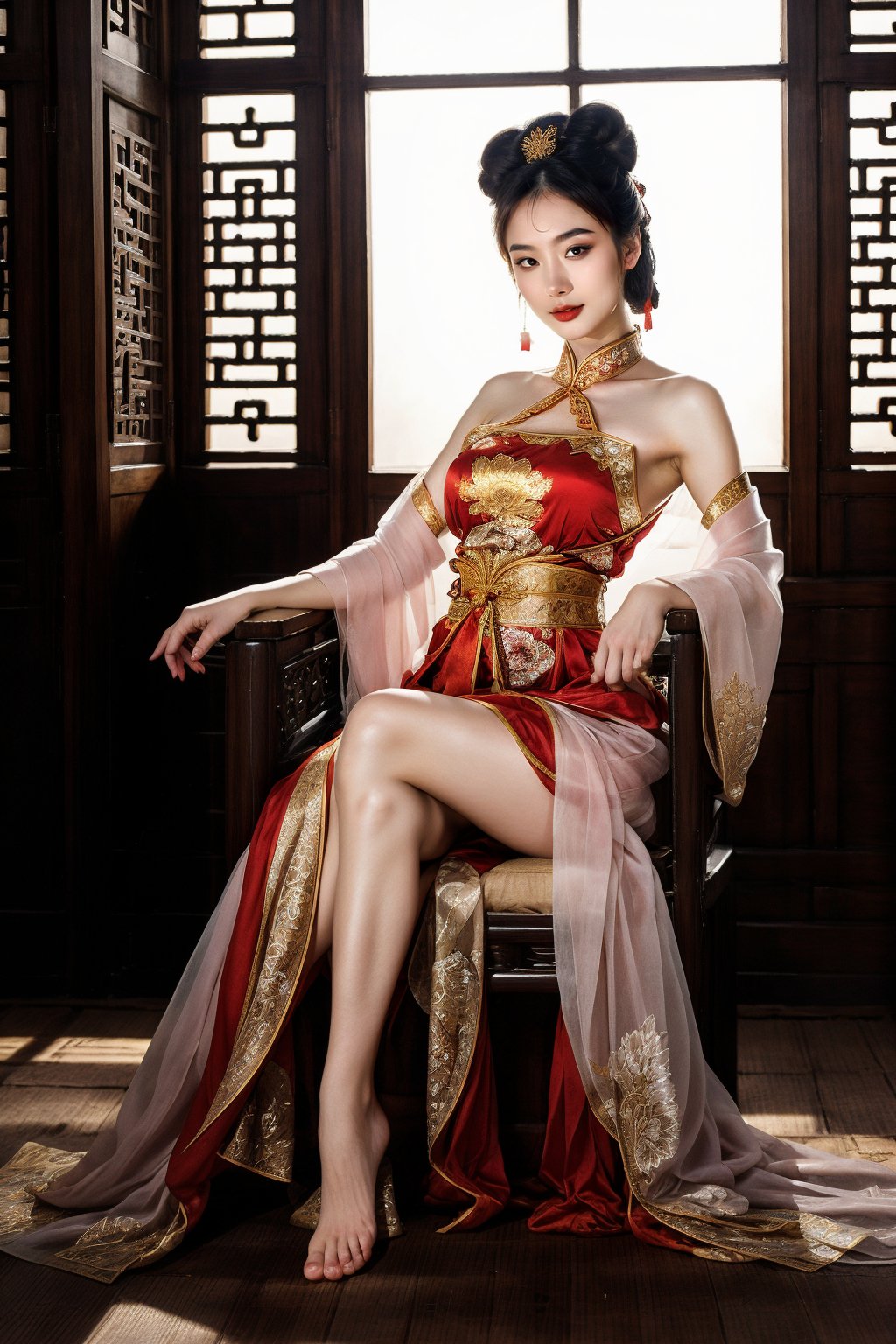 (fantasy art), 1 oriental girl,  ((full body, )) beautiful, perfect face, sweet face, A Chinese Queen sitting in a throne crossing legs, dark eyes, fantastic clothes, dressed in a intricate detailed traditional Chinese dress, background with oriental landscape, fantastic hairstyle,  fantasy, (masterpiece, photorealistic, absurd), dappled sunlight