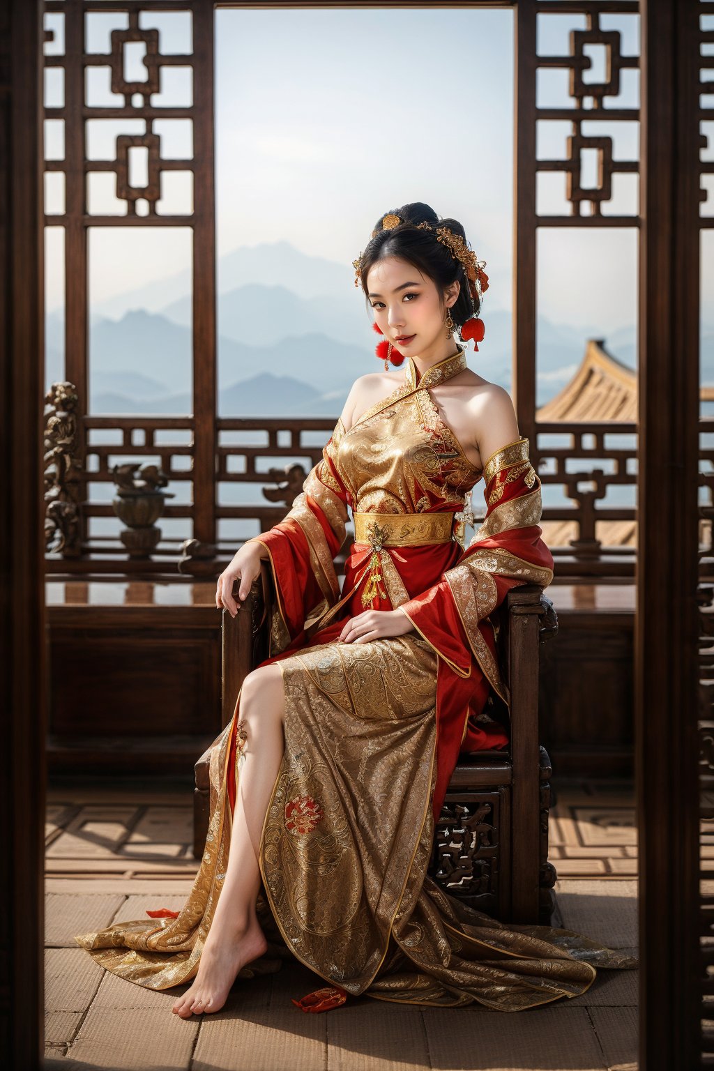 (fantasy art), 1 oriental girl,  ((full body, )) beautiful, perfect face, sweet face, A Chinese Queen sitting in a throne crossing legs, dark eyes, fantastic clothes, dressed in a intricate detailed traditional Chinese dress, background with oriental landscape, fantastic hairstyle,  fantasy, (masterpiece, photorealistic, absurd), dappled sunlight