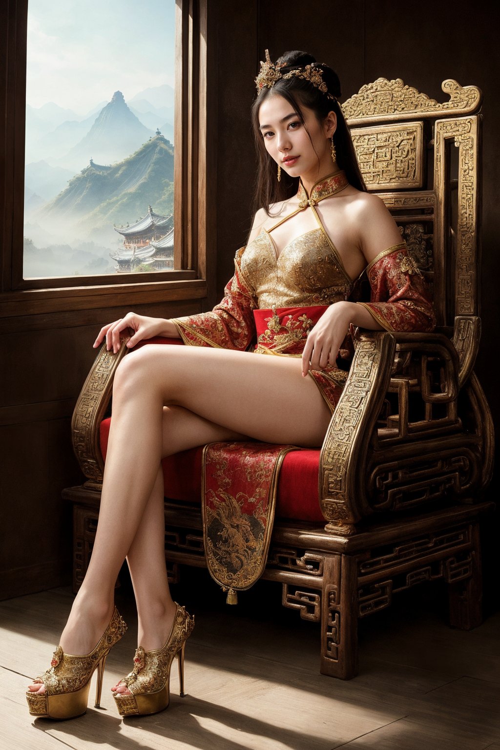 (fantasy art), 1 oriental girl,  ((full body, )) beautiful, perfect face, sweet face, A Chinese Queen sitting in a throne wearing high heels crossing legs, dark eyes, fantastic clothes, dressed in a intricate detailed traditional Chinese dress, background with oriental landscape, fantastic hairstyle,  fantasy, (masterpiece, photorealistic, absurd), dappled sunlight