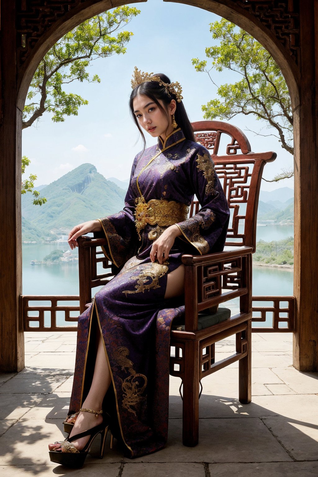 (fantasy art), 1 oriental girl,  ((full body, )) beautiful, perfect face, sweet face, A Chinese Queen sitting in a throne wearing high heels crossing legs, dark eyes, fantastic clothes, dressed in a intricate detailed traditional Chinese dress, background with oriental landscape, fantastic hairstyle,  fantasy, (masterpiece, photorealistic, absurd), dappled sunlight